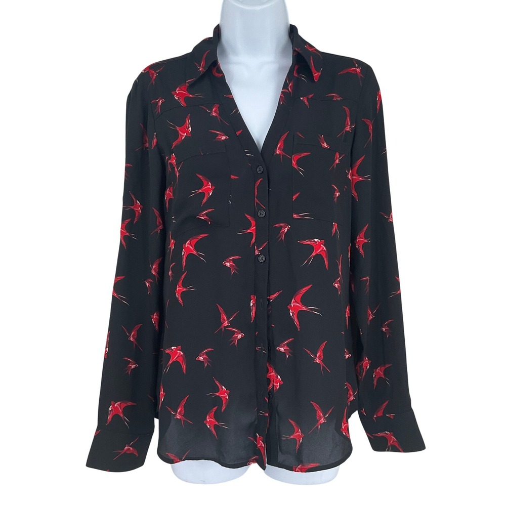 Express Portofino Shirt Women S Black Red‎ Bird Print Slim Top Edgy Goth Office